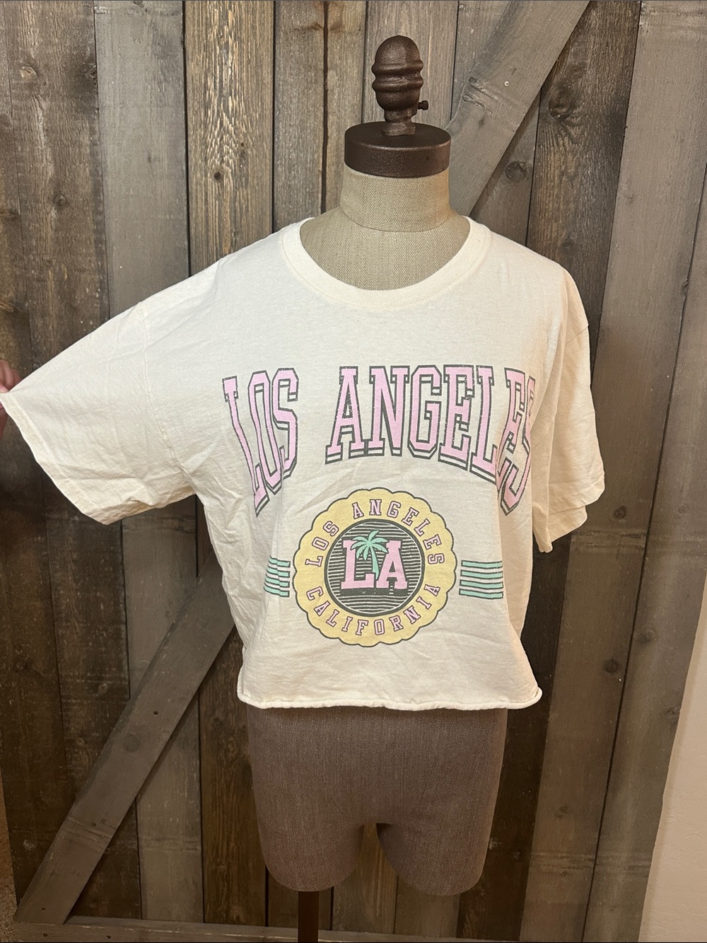 Junk Food Clothing Los Angeles Cream Graphic Crop Tee Raw Hem 100% Cotton Medium